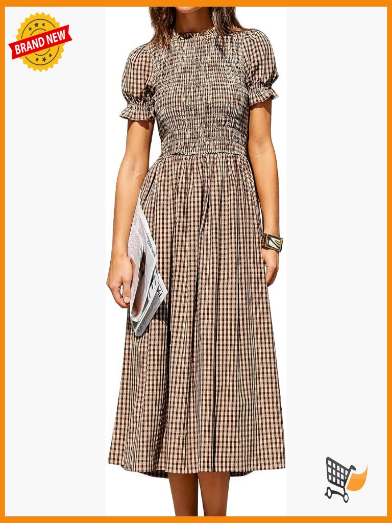 Women's Smocked A-Line Midi Dress With Puff Short Sleeves And Ruffle Trim